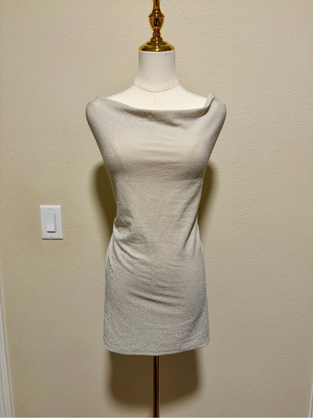 Express Strapless and back open ivory glitter mini dress